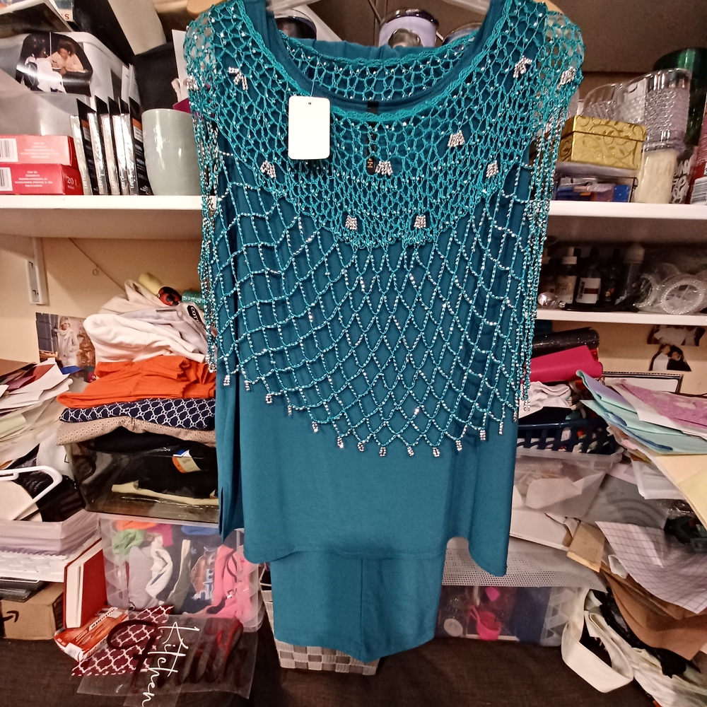 Teal Beaded Overlay Dress